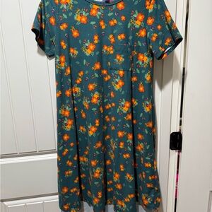 LuLaRoe Carly Teal Dress with Orange Floral Design